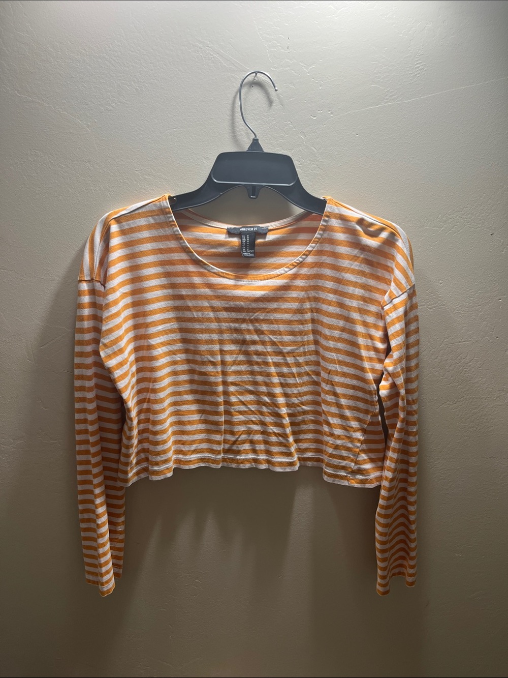 Forever 21 Orange & White Striped Cropped Long-Sleeve Tee